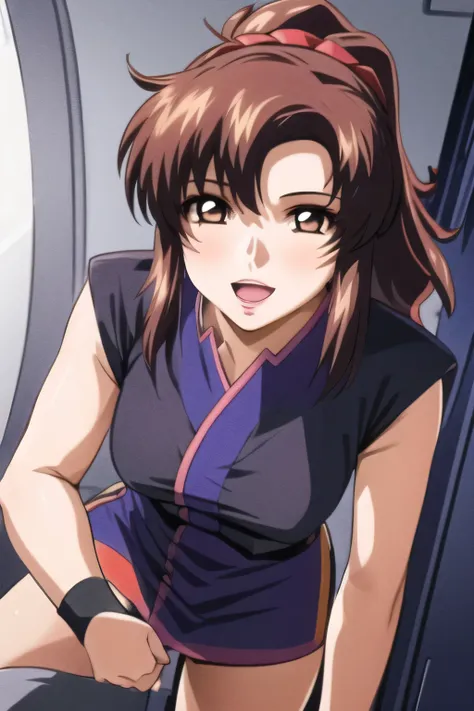 Blue and white military uniform,sleeveless,,sleeveless超巨乳軍事ユニフォーム,miniskirt,,, I'm on the bridge of a spaceship,,smiling Yang ,,woman with pink ponytail hair,Nice smiling Yang g ,amazing thighs,miniskirt,,beautiful legs,,Can you draw a picture of a woman ...