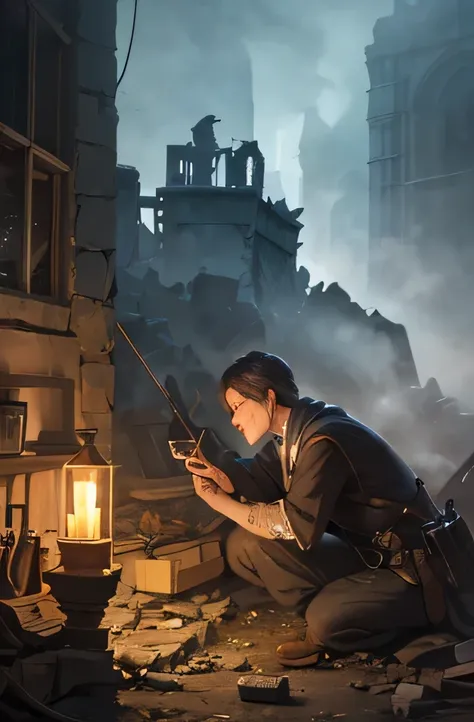 Alchemist in Ruins,Fantasy Alchemist,Posing Alchemist,Figure of an Alchemist,Alchemist Who Manipulates Medicinal Herbs,Alchemist who casts ancient spells,4K,High Quality,Realistic,Authentic,Watercolor tone,oil painting touch,Excellent Details,Vivid Colors,...