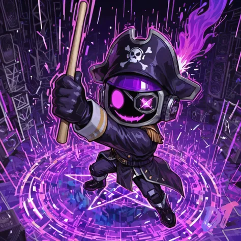 [The Horror Radio], (masterpiece, best quality:1.2), chibi style, 1boy, radio_head, expressive craze_face, glowing circle eyes, pink screen lights, glitch_face distortion, (high detail, sharp lighting), DROP scene: massive purple drum explosion erupting be...