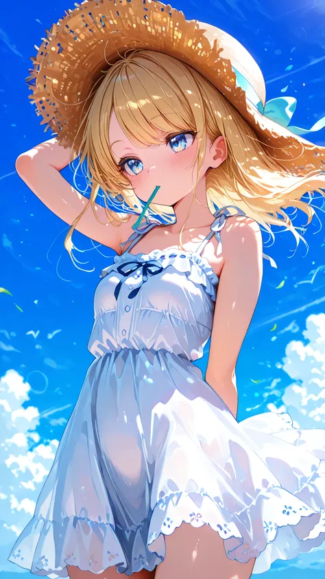 High quality. Blonde hair . Petite. Wearing a cute summer dress. Wearing a straw hat. Wind. beautiful blue sky.  Vivid colors. Saturated colors 