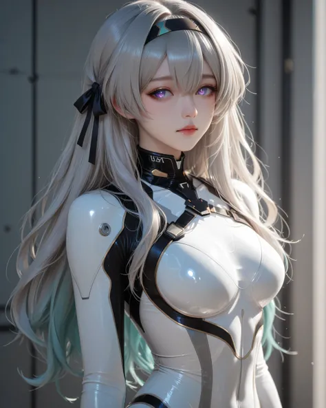 F1reflyPlugsuit, blue pupils, purple eyes, blue eyes, grey hair, multicolored hair, long hair, black hairband, hair ribbon, plug suit, white bodysuit, ((Kiệt tác)), ((Chất lượng tốt hơn)), (details), hoàn hảo, Lonely, nằm trên giường trong tư thế thư giãn,...