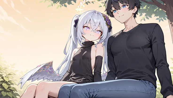 1girl and 1male(azusa (blue archive),purple eyes,white hair,twintails,hair flower,virgin killer sweater,detached sleeves,　next to,　Kevin, masterpiece, Best Quality, very aesthetic, 1male, cool, Adult male, Height 175cm, male college student, black hair, bl...