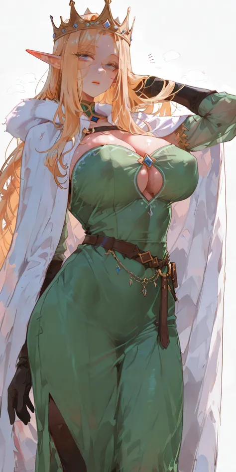 masterpiece, Best Quality, great quality,great details,8K,beautiful body ratio, solo,girl, , blonde busty elf queen, big breasts, strict gaze, cold face, with crown and cape, blue eyes, covered cleavage, extremely messy long hair, fully clothed, elf dress...
