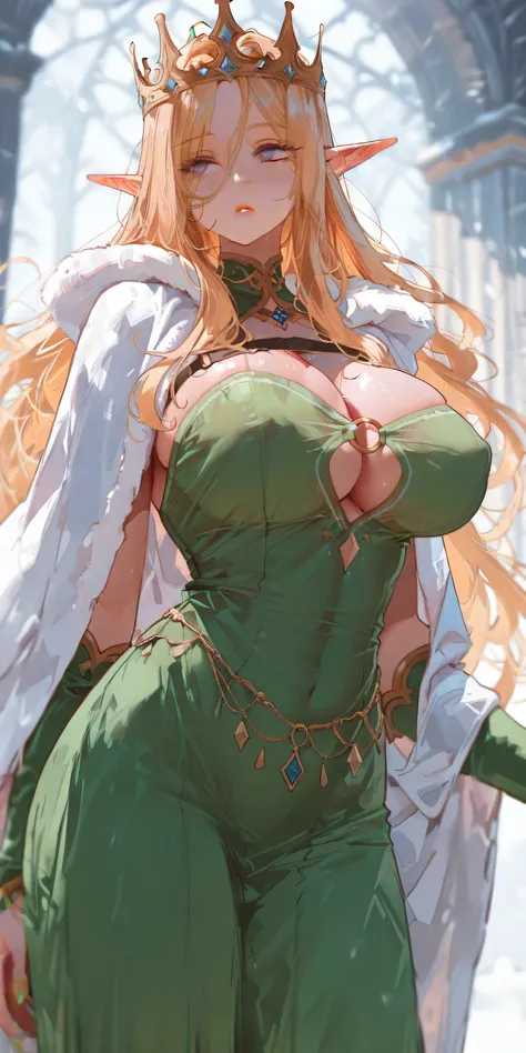 masterpiece, Best Quality, great quality,great details,8K,beautiful body ratio, solo,girl, , blonde busty elf queen, big breasts, strict gaze, cold face, with crown and cape, blue eyes, covered cleavage, extremely messy long hair, fully clothed, elf dress...