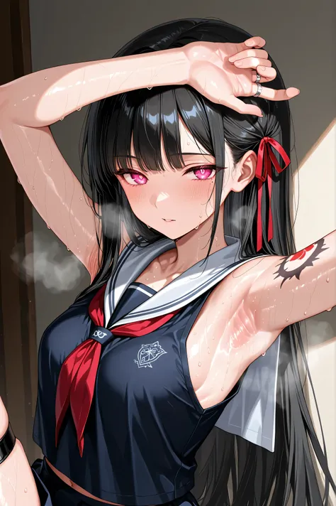 Japanese high school girl uniform、sleeveless、chisa, black hair, hair ribbon, mole under eye, arm tattoo, finger ring, thigh strap,high school girl uniform,,Steamy armpits、Excessive armpit sweat、、I can see my armpits all over the screen、pushes sweaty's arm...