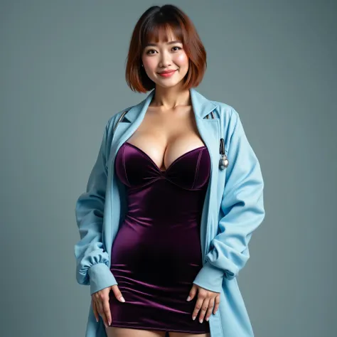 A realistic, high resolution photograph of a short beautiful Asian woman in her 30's; full body frontal view facing the camera with her arms at her side, looking at the camera. There is extra space in the photo above her head. She has a short, curvy fashio...