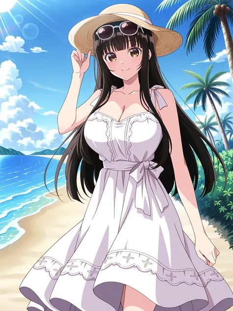 (very_aesthetic, best_quality, high_resolution, ultra_detailed, anime_screencap), 1 girl, solo, Mahiru Ayase, blunt bangs, brown eyes, detailed eyes, sunglasses on head, black hair, long hair, ultra delicate hair, smile, huge breasts, cleavage, walking, lo...