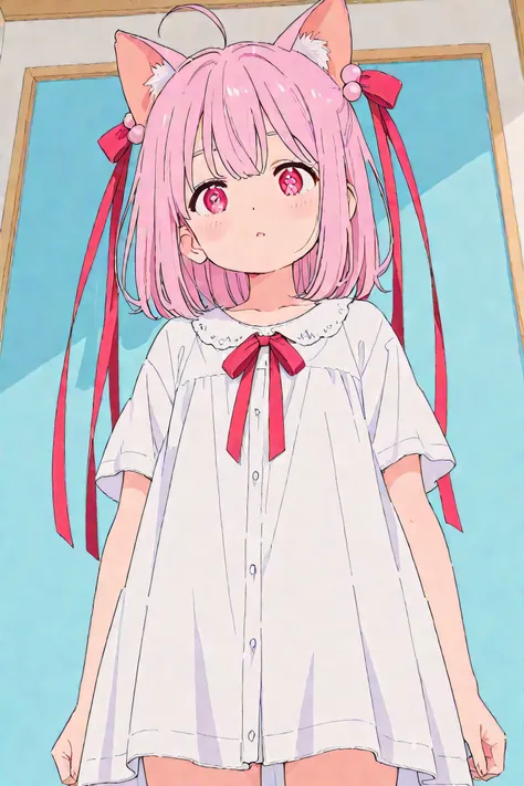A young girl viewed from a low-angle perspective, showing her face with a curious expression. She has a large ribbon on her head. High quality, high resolution, detailed 4K anime-style illustration.