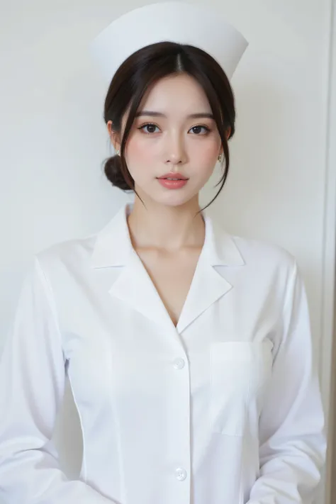 ( top quality、 Greatest Masterpiece、 top quality、 winning works )、Beautiful Women、(1 nurse:1.1)、、(Short tied chignon showing forehead:1.1)、( perfect white unbuttoned nurse coat :1.3)、 (perfect plain white nurse hat:1.3)、(sidemap:1.3)、(Looking back on me :...