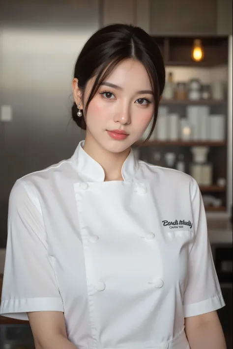 ( top quality、 Greatest Masterpiece、 top quality、 winning works )、Beautiful Women、(1 Female Chef:1.1)、、(Short tied chignon showing forehead:1.1)、( Perfect White Chef Coat :1.3)、 (Perfect Chef Hat:1.3)、(big breasts:1.3)、perfect portrait photo 、 Bright...