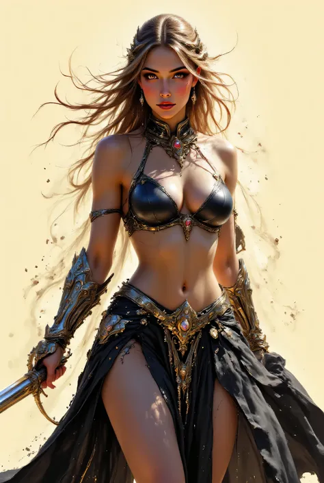 DarkDisciple,,This vibrant scene depicts a powerful female warrior ready for battle. The simple cream-colored backdrop showcases her muscular build, suggesting strength and determination. She is adorned with flowing black fabric. Dramatic lighting creates ...