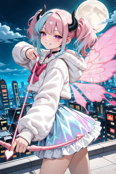 masterpiece, best quality, highly detailed, 8k wallpaper,

1girl, solo, cute demon girl bounty hunter, hunting hearts,

(purple eyes:1.2), (two-tone hair:1.3), (pink hair:1.2), (light blue hair:1.2), twin tails, long twin tails, (black horns:1.2), (heart c...