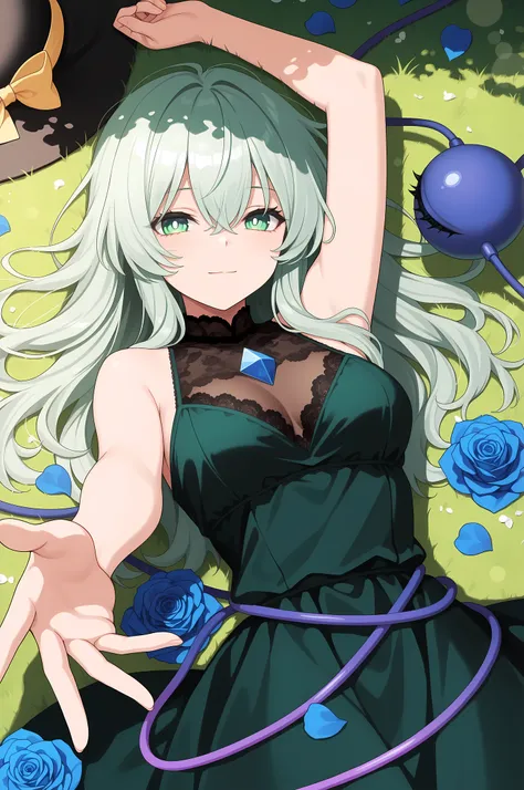 masterpiece, best quality, amazing quality, very aesthetic, safe, upper body, from above, [from side], 1girl, Touhou project, komeiji koishi, aged up, pose, lying, on back, on grass, reaching towards viewer, [arm up], light smile, long hair, hair between e...