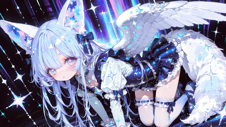 Loli, 13 years old, baby girl. Mahou shoujo, the little girl has light navy blue hair and sparkling light navy blue eyes, pure expression. Her long hair is loose, catches the tangled and textured. white fox ears, big white fox tail, Transparent Small Angel...