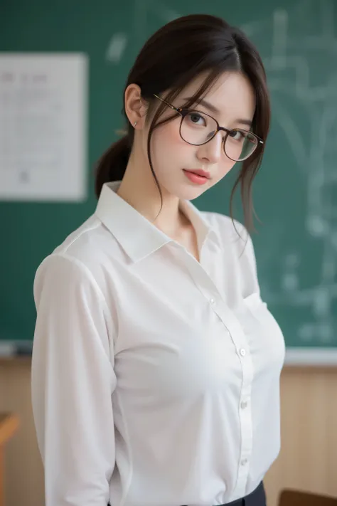 ( top quality、 Greatest Masterpiece、 top quality、 winning works )、Beautiful Women、( Female Teacher 1 :1.1)、、(Short tied chignon showing forehead:1.1)、( White Polyester Collared Open Shirt:1.3)、(Classy thin glasses:1.2)、(sidemap:1.3)、(Looking back on me :1...
