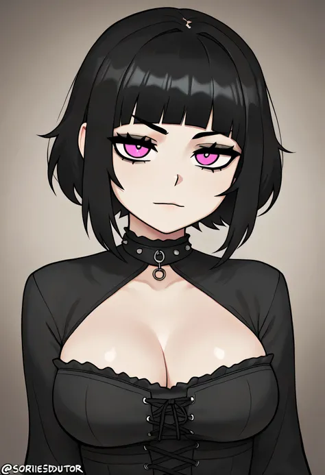 pretty girl with black hair with bangs , olhos cor vermelho, ( sorrindo,  olhar sedutor, Gothic,  biquini, hentai, nua