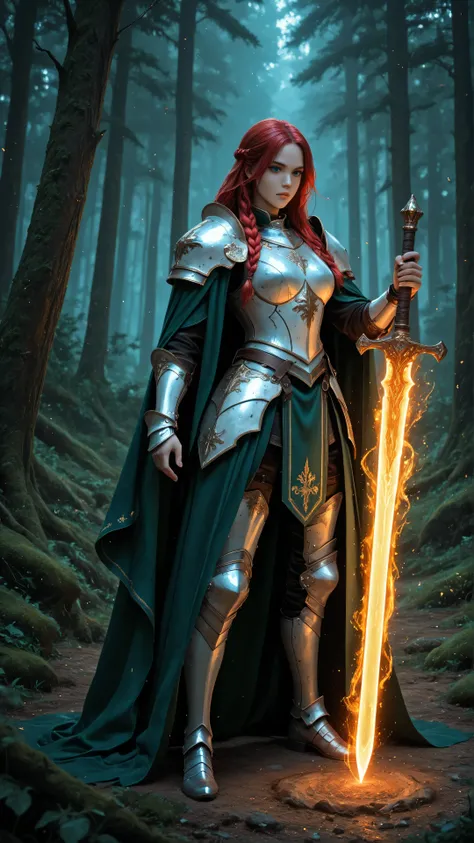 aidmaMJ6.1,masterpiece, best quality, very aesthetic, absurdres,a picture of woman paladin of nature protecting the forest, controlling magical plants, woman holy knight, protector of nature, red hair, long hair, full body, ultra detailed face, red hair, l...