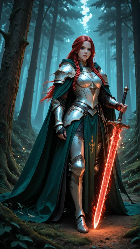 aidmaMJ6.1,masterpiece, best quality, very aesthetic, absurdres,a picture of woman paladin of nature protecting the forest, controlling magical plants, woman holy knight, protector of nature, red hair, long hair, full body, ultra detailed face, red hair, l...