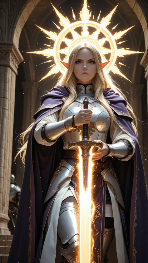 aidmaMJ6.1,masterpiece, best quality, very aesthetic, absurdres,female elf, cleric, paladin, casting a spell ,wearing heavy white armor, purple cloak with sun symbol, flowing holy symbol, armed with  radiant long sword,  blond hair,  frown, serious, high d...