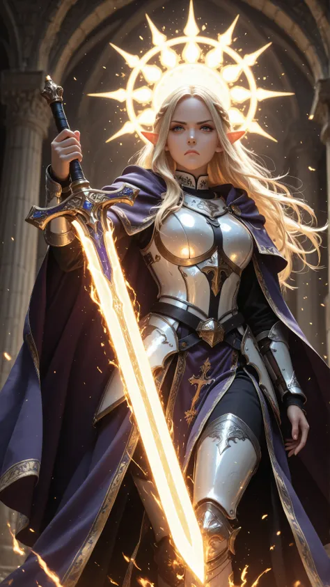 aidmaMJ6.1,masterpiece, best quality, very aesthetic, absurdres,female elf, cleric, paladin, casting a spell ,wearing heavy white armor, purple cloak with sun symbol, flowing holy symbol, armed with  radiant long sword,  blond hair,  frown, serious, high d...