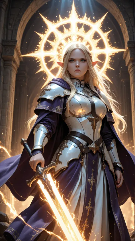 aidmaMJ6.1,masterpiece, best quality, very aesthetic, absurdres,female elf, cleric, paladin, casting a spell ,wearing heavy white armor, purple cloak with sun symbol, flowing holy symbol, armed with radiant long sword, blond hair, frown, serious, high d...