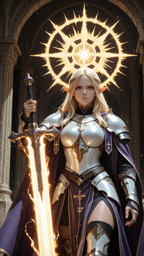 aidmaMJ6.1,masterpiece, best quality, very aesthetic, absurdres,female elf, cleric, paladin, casting a spell ,wearing heavy white armor, purple cloak with sun symbol, flowing holy symbol, armed with  radiant long sword,  blond hair,  frown, serious, high d...