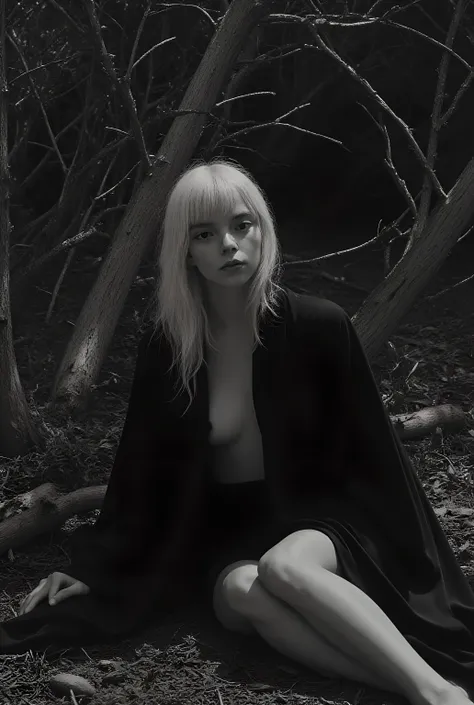 A girl sits on the ground surrounded by tree branches in a forest. She wears a black garment that resembles a robe or kimono, draped loosely over her shoulders and partially open at the front. Her posture is relaxed, showcasing confidence and ease in the n...