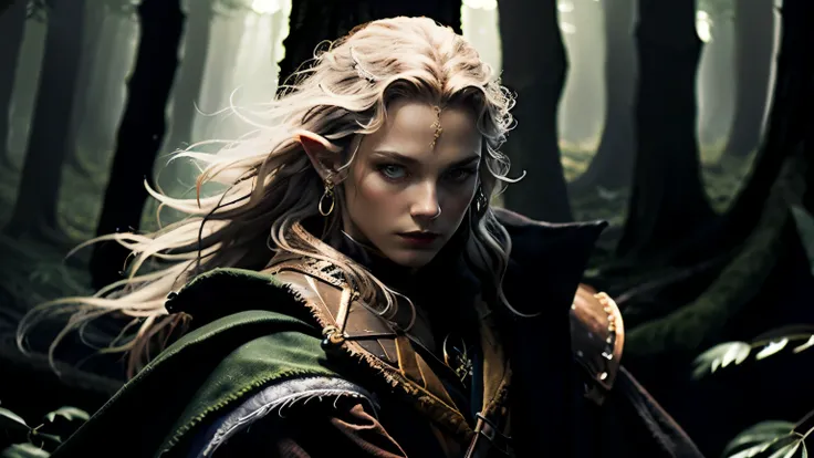 Tolkien, Middle-earth , Mirkwood, in the style of Anatoly Finnstark, (masterpiece:1.2), (of the highest quality,:1.2), 8 k, highly detailed, hyperrealistic, cinematic lighting, ambient lighting, Bridget, like rpgelf, witch, (((cowboy shot))), earrings, c...