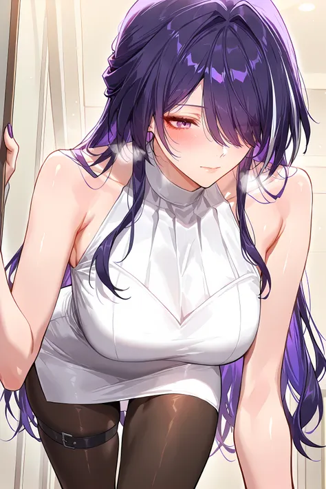 score_9, score_8_up, score_7_up, masterpiece, best quality, very aesthetic, absurdres, tunning image, attractive image, 1girl, adult grown woman, acheron (honkai: star rail), purple hair, hair over one eye, long hair, purple eyes, medium breasts, closed mo...