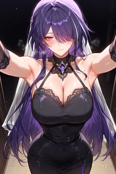 score_9, score_8_up, score_7_up, masterpiece, best quality, very aesthetic, absurdres, tunning image, attractive image, 1girl, adult grown woman, acheron (honkai: star rail), purple hair, hair over one eye, long hair, purple eyes, medium breasts, closed mo...