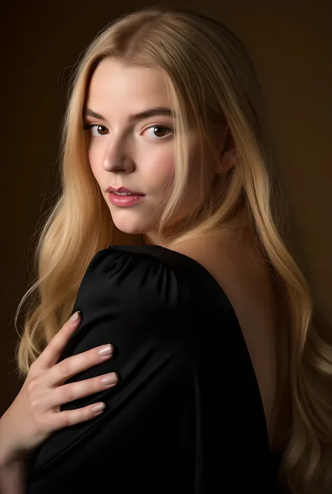 A girl with long, wavy blonde hair falls gently over their shoulder, adding a touch of elegance and softness to the image. The lighting is subdued, casting gentle shadows and highlights that accentuate the natural contours and texture of the hair. The girl...