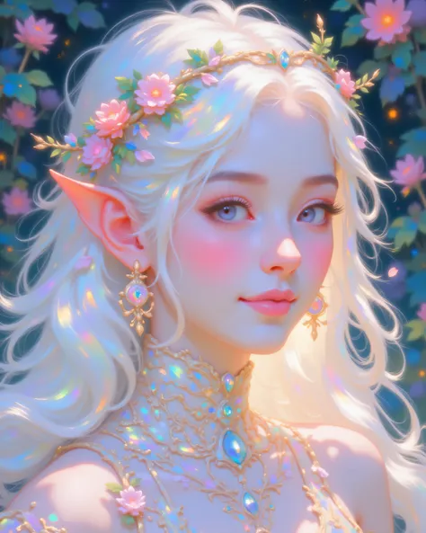 A portrait of LUNA as the ethereal 16-year-old Elven Queen, flawless porcelain pale skin with soft pearly glow like polished marble, slim perfect proportions, long flowing white hair with delicate pink and rose gold highlights shimmering in light, intricat...