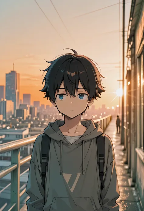 An anime-style neutral young man(Early 20s)。
Balance with Twilight City in the Background、expression that makes you think a little while staring into the distance。
soft orange light shines in、with a calm and calm impression throughout。
