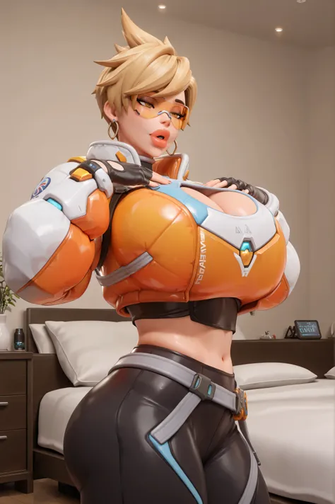 owtracer, le sserafim tracer, 1girl, solo, blonde hair, spiky hair, organge glasses, earrings, crop top, cleavage cutout, puffy jacket, cropped jacket, leggings, 1girl, gigantic breasts, gigantic thighs, masterpiece, best quality, closeup, bedroom, 3D styl...