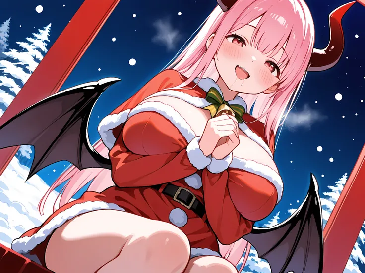 very detailed,(masterpiece)、( top quality)、 1.   very detailed顔を保ちます , long hair , pink hair,  big boobs,from belon  , Santa ,cosplay,8k ,straight hair,straight hair,straight hair,standing,red corner,Devil's Horn,nsfw,expand your hands,小さいred corner,Devil'...