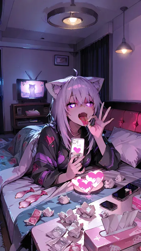 1girl, ok sign in front of mouth, sticking out tongue, open mouth, one hand,nekomata okayu,longhair, 1girl, hearts in eyes, lovehotel, scenery, indoors, bed, pillow, blanket, LHbedpanel, glowing, phone, tissue box, ceiling light, table, couch, television, ...