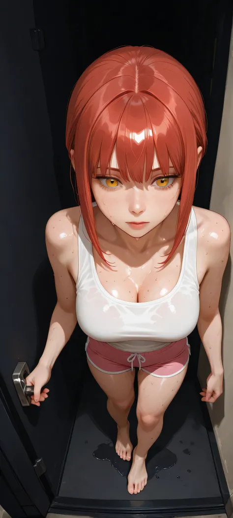 MAKIMA, overhead shot, wearing a white tank top, wearing sexy pink shorts, bare feet, smooth and oily skin, sweating, she poses standing in a dark and black corridor. the object is in the center of the image, the background looks wide and dark. shooting fr...