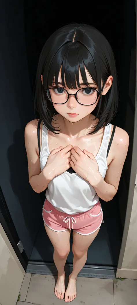 young woman, black eyes, beautiful face, wearing transparent glasses with black frames, shoulder-length black hair with bangs, overhead shot, seen wearing a black bra, hands holding her own chest, wearing a white tank top, wearing sexy pink shorts, bare fe...