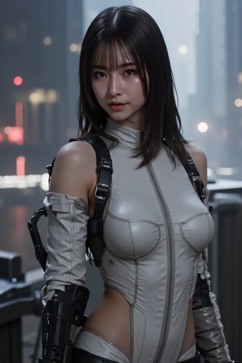 (((Midnight Future City Rooftop:2.0))),(((HR Gigger Style Cyberpunk Atmosphere:2.0))),one woman,(cute face:1.5),(Beautiful well-balanced face :1.7),((wavy black hair:2.0)),(Beautiful Eyes:1.3),glamorous shot of a 20-year-old Japanese woman,Beautiful Slende...