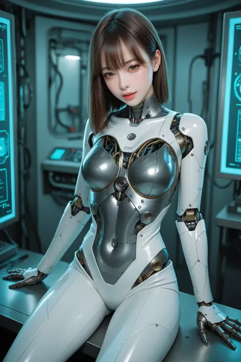 Japanese female cyborg、sensual expression、Rich Breasts、white bodysuit、mechanical joints、modified cervical vertebra、internal body canal、laboratory lighting、  countless wires  、 Sitting Poses、Cyberpunk Aesthetics、  Precision machine parts、 reflection on meta...