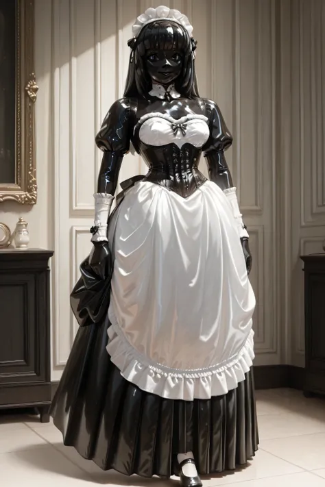maniajuns, black latex skin, black lenses, black shot hair, happy,latex,maid,gothic, long skirt,small corset,small waist,hight collar, Wide Skirt,puffed sleeves,white latex apron,white latex armlets, full body, 1 girl, ballet shoes.