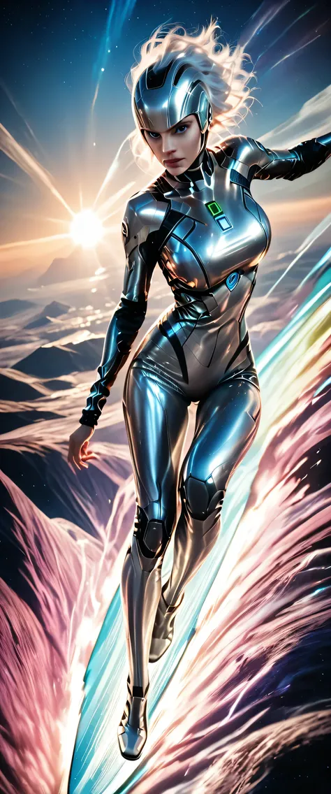 female silver surfer, movie (The Fantastic Four: First Steps", (huge_breasts),detailed portrait, glowing (silver_alloy_body_and_face), powerful pose, surging cosmic energy, surfing in air over vast landscape, photorealistic 8k, cinematic dramatic lighting,...