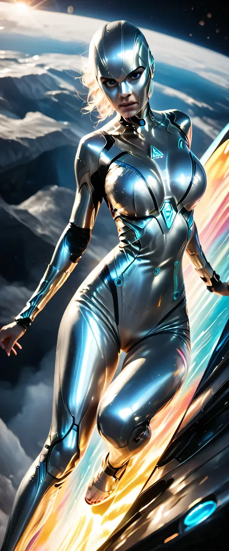 female silver surfer, movie (The Fantastic Four: First Steps", ((enermous_breasts)),detailed portrait, glowing ((silver_alloy_body_and_face)), (camel_toe),powerful pose, surging cosmic energy, surfing in air over vast landscape, photorealistic 8k, cinemati...