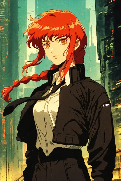 score_9, score_8_up, score_7_up, score_6_up, score_5_up, score_4_up, <lora:mak1ma0XL_Pony_v1:1> , mak1ma0, red hair, long hair, ringed eyes, braid, white collared shirt,black necktie, black pants, <lora:retro_scifi_artstyle-000021:0.8>, 1girl, solo, alone,...