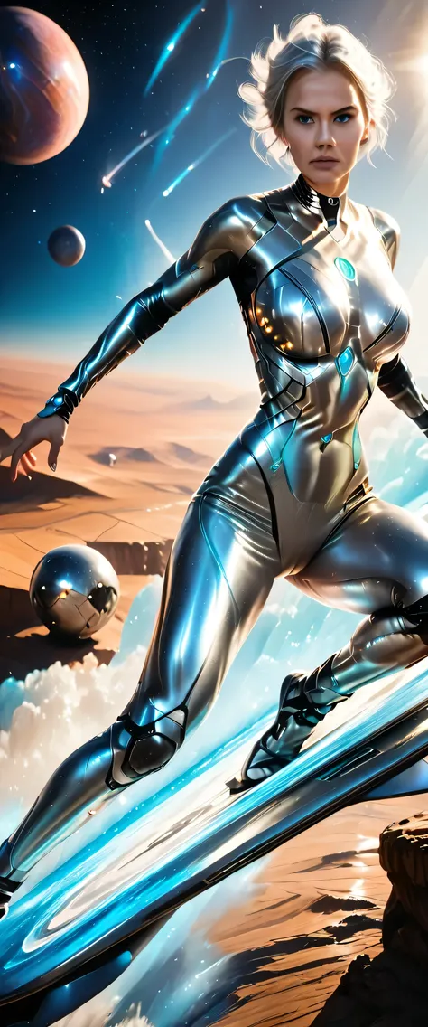 female silver surfer, movie (The Fantastic Four: First Steps", ((enermous_breasts)),detailed portrait, glowing ((silver_alloy_body_and_face)), (camel_toe),powerful pose, surging cosmic energy, surfing in air over vast landscape, photorealistic 8k, cinemati...