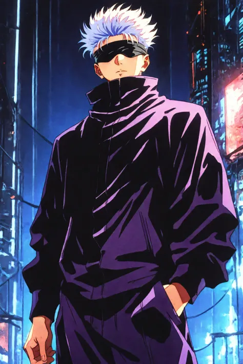 score_9, score_8_up, score_7_up, score_6_up, score_5_up, score_4_up, <lora:GojoSatoruPony:0.8> SatoruGojo, white hair, purple pants, high collar, blindfold, covered eyes, black blindfold, purple jacket, purple pants, <lora:retro_scifi_artstyle-000021:0.8>...