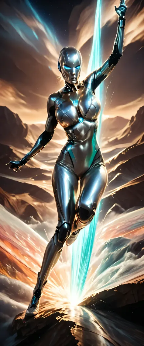 female silver surfer, movie (The Fantastic Four: First Steps", (((enermous_breasts))),detailed portrait, glowing ((silver_alloy_body_and_face)), camel_toe,powerful pose, surging cosmic energy, (((fucked_hard_by_Galactus))),surfing in air over vast landscap...