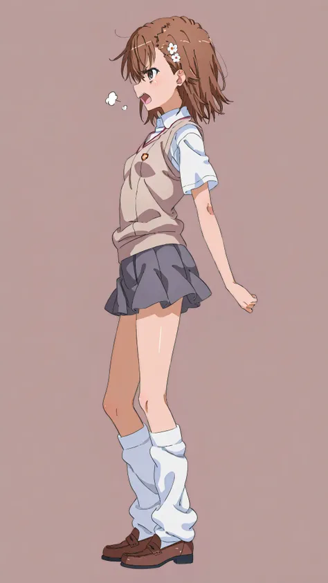 (((misaka miloto)))、hair flower、small breasts、1 girl、from side、white shirt、short sleeves、sweater vest、tokiwadai school uniform、grey skirt、mini skirt、loose socks、brown loafer、open mouth、angry、glare、indoor、brown wall、simple background、arms at sides、full body...
