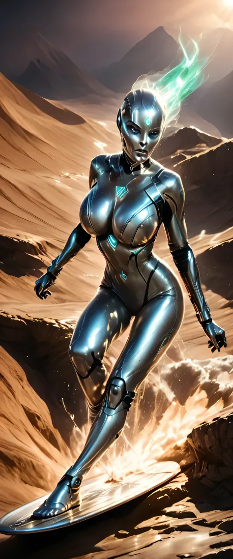 female silver surfer, movie (The Fantastic Four: First Steps", (((enermous_breasts))),detailed portrait, glowing (((silver_alloy_body_and_face))), camel_toe,powerful pose, surging cosmic energy, (((fucked_hard_by_Galactus))),surfing in air over vast landsc...