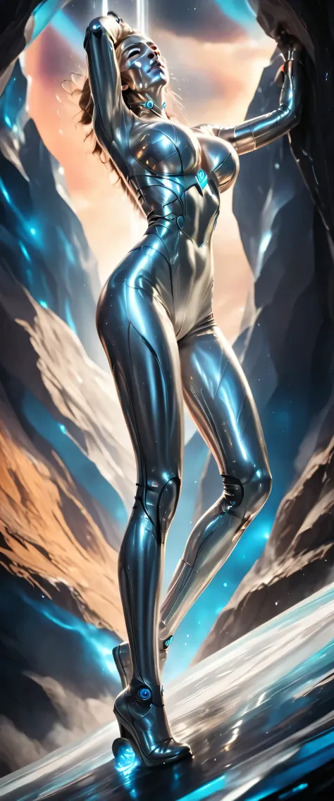 female silver surfer, movie (The Fantastic Four: First Steps", (((enermous_breasts))),detailed portrait, glowing (((silver_alloy_body_and_face))), camel_toe,powerful pose, surging cosmic energy, (((deep_throat_blowjob_to_Galactus))),surfing in air over vas...